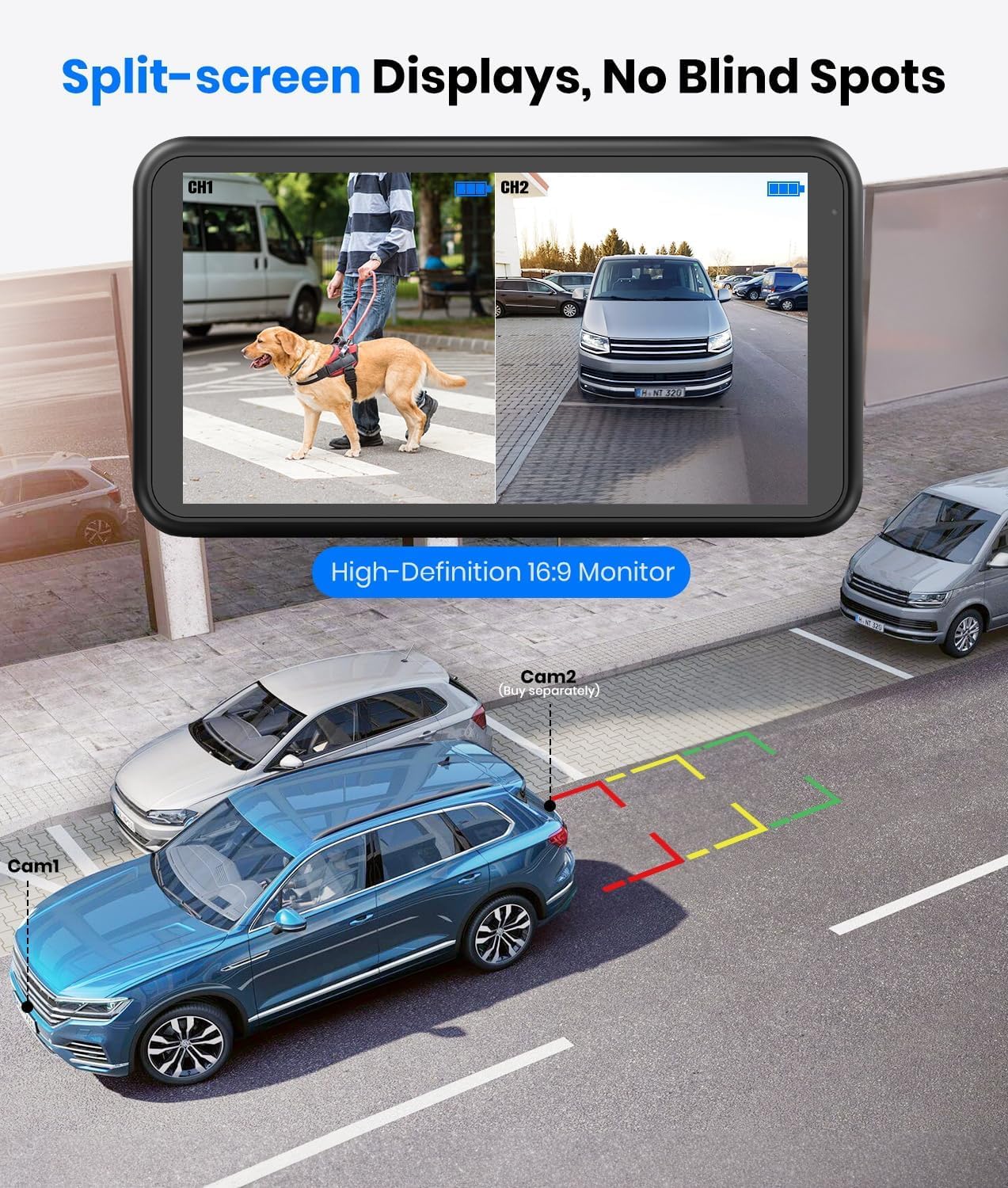 AUTO-VOX pantalla en modo split mostrando dos cámaras y control de ángulos