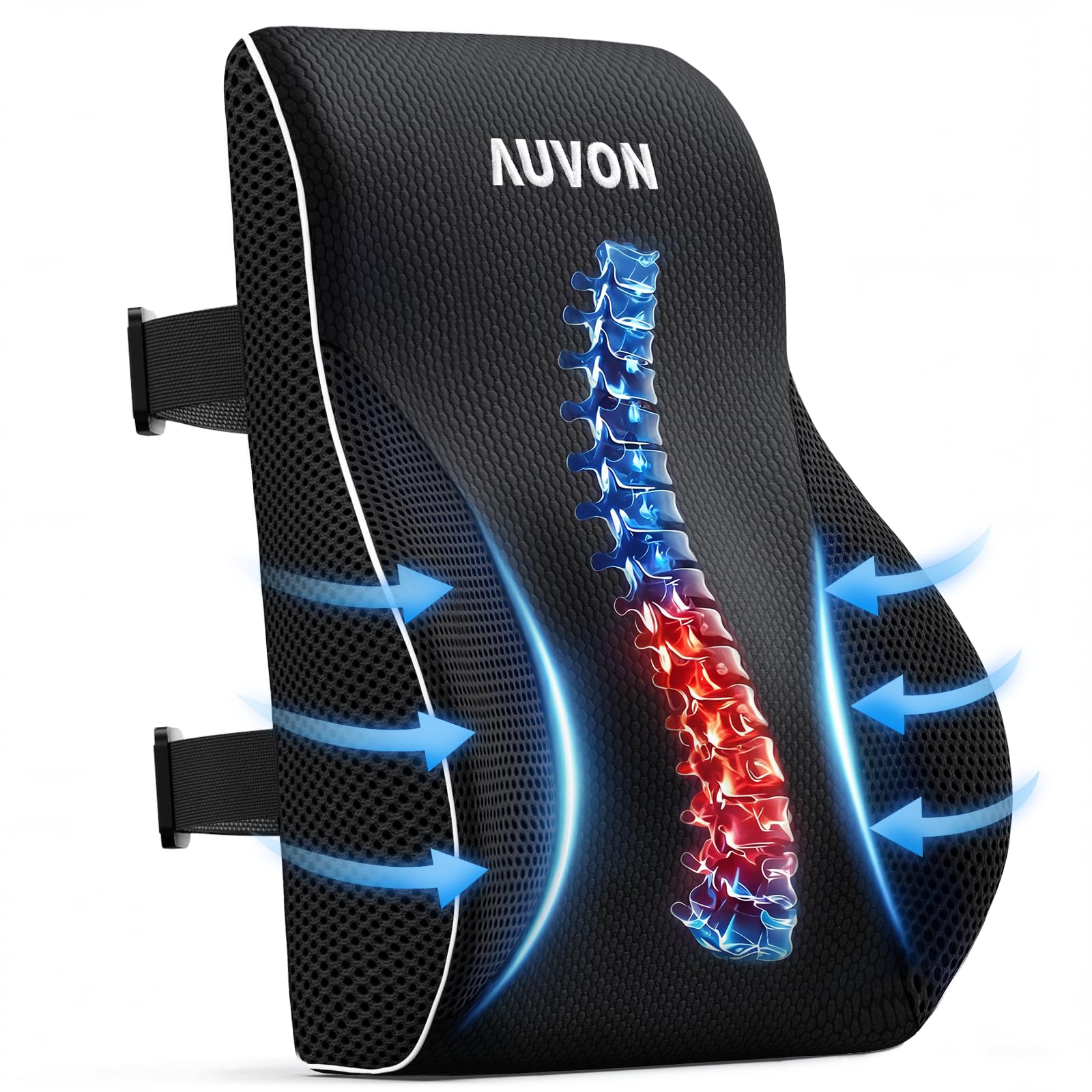 AUVON cojín lumbar frontal mostrando forma ergonómica y soporte cómodo