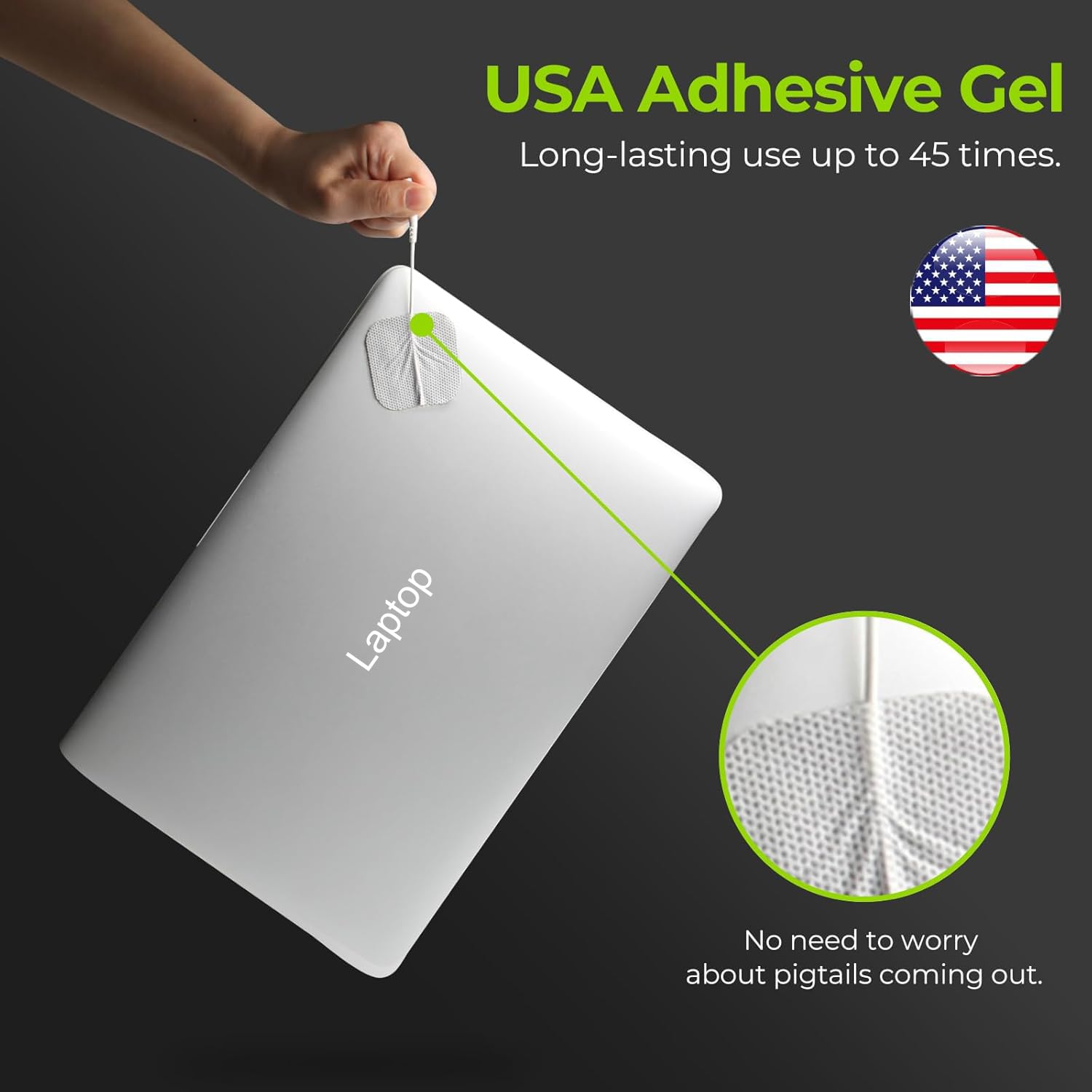 AUVON close-up gel texture of electrode pad demonstrating strong adhesion