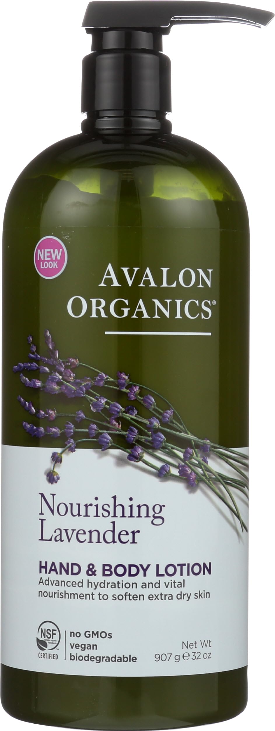 Avalon Organics botella frontal mostrando envase de 32 oz y beneficios hidratantes