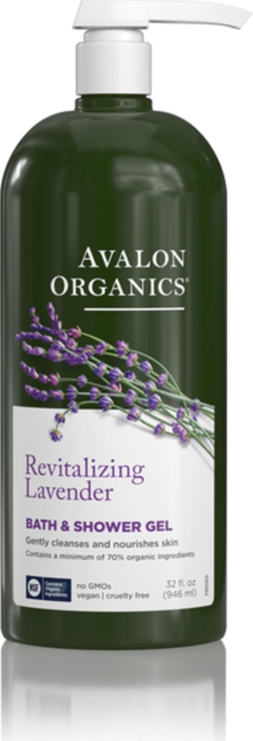 Avalon Organics frente de la botella lavanda mostrando diseño y volumen