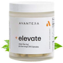 Avantera Elevate frasco frontal mostrando etiqueta legible y beneficio enfoque