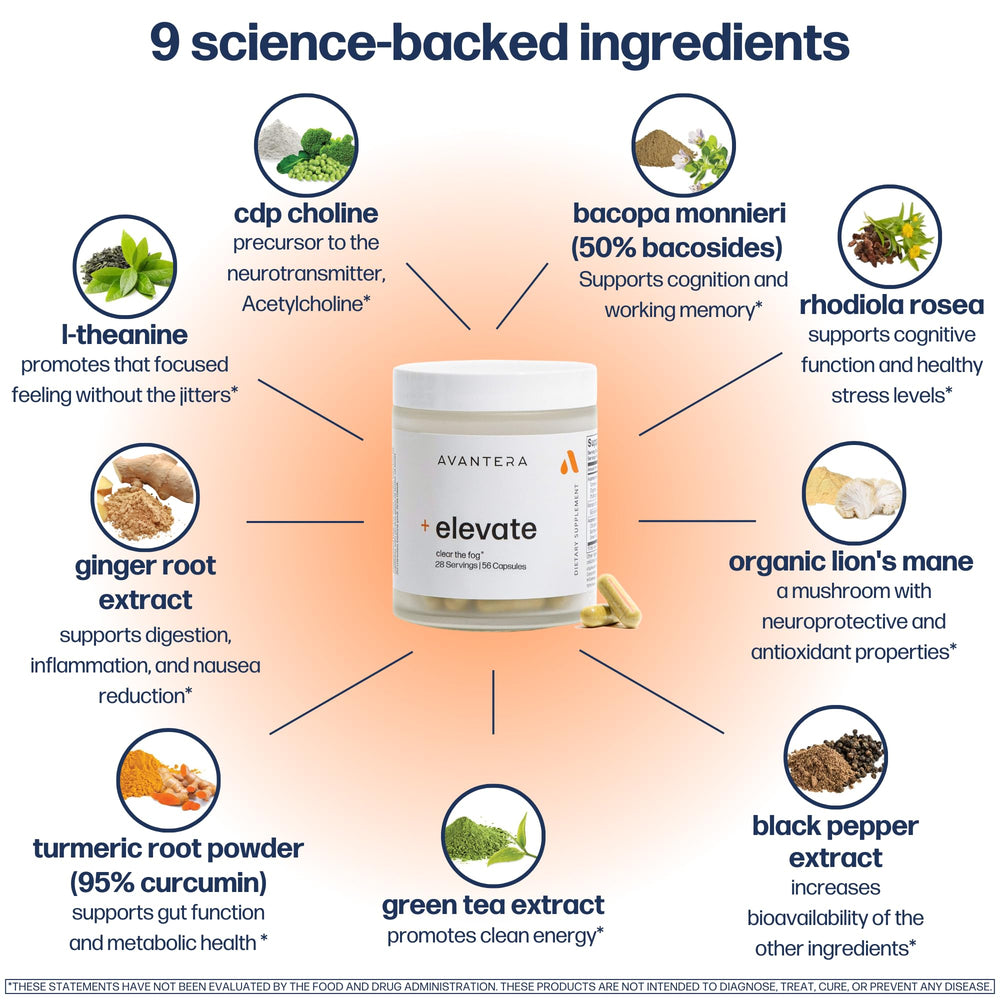 Avantera Elevate ingredientes orgánicos reunidos que apoyan memoria y concentración
