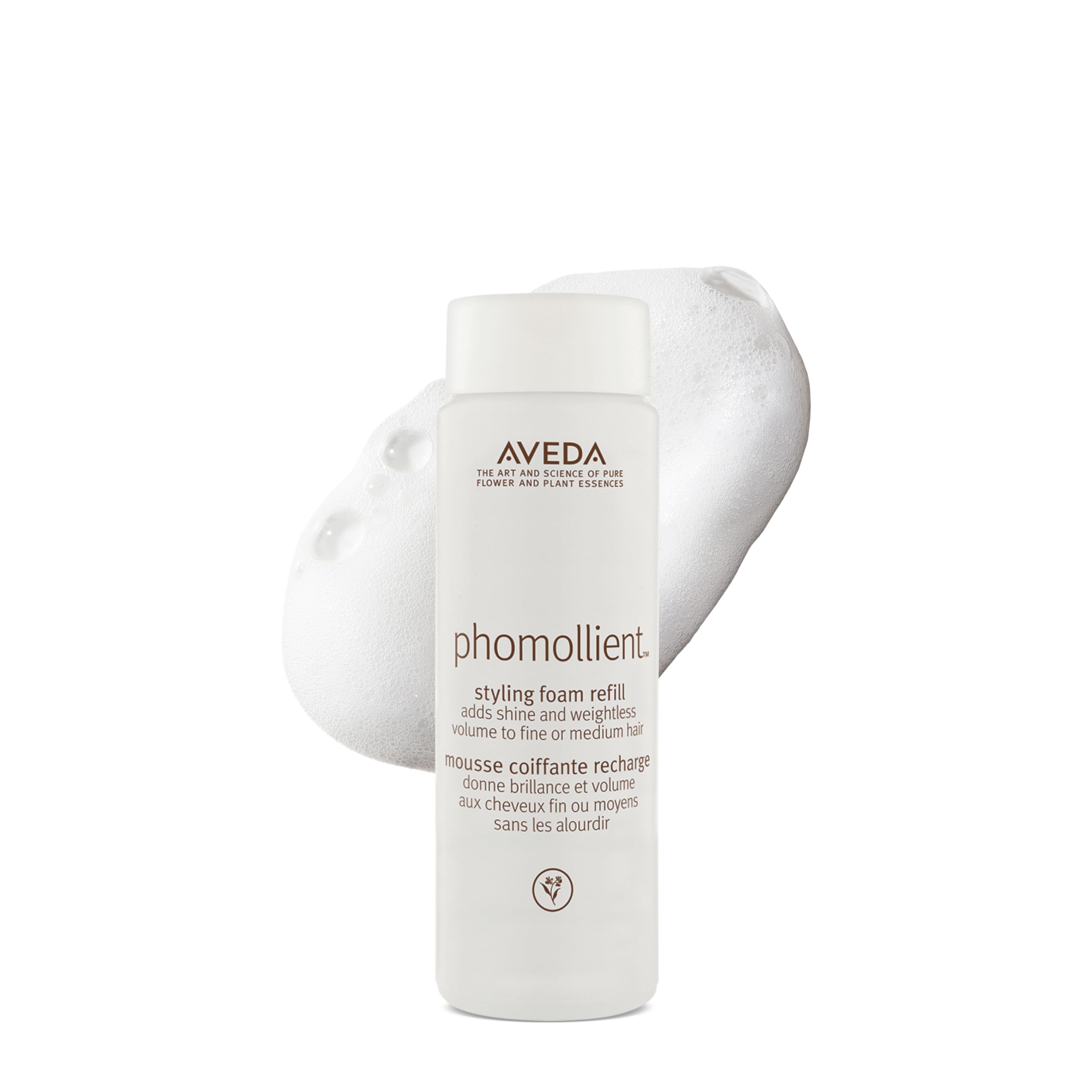 Aveda Phomollient frontal muestra envase y beneficio volumen ligero