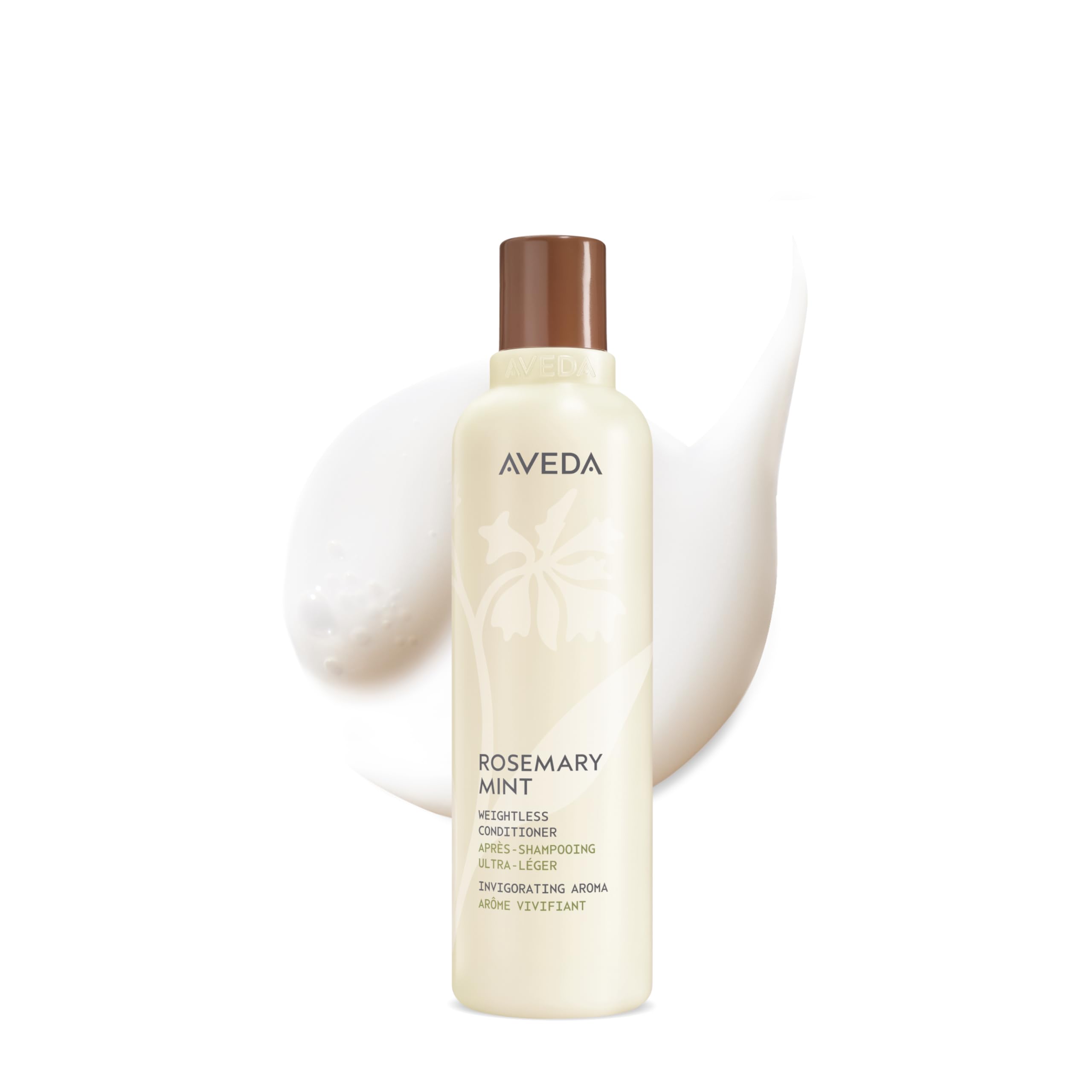 Aveda botella frontal mostrando romero menta y beneficio desenreda