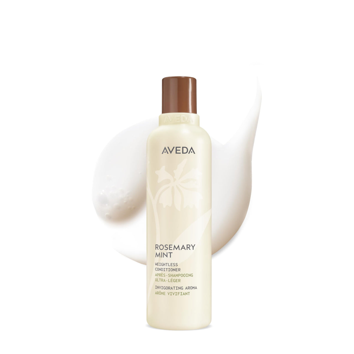 Aveda botella frontal mostrando romero menta y beneficio desenreda