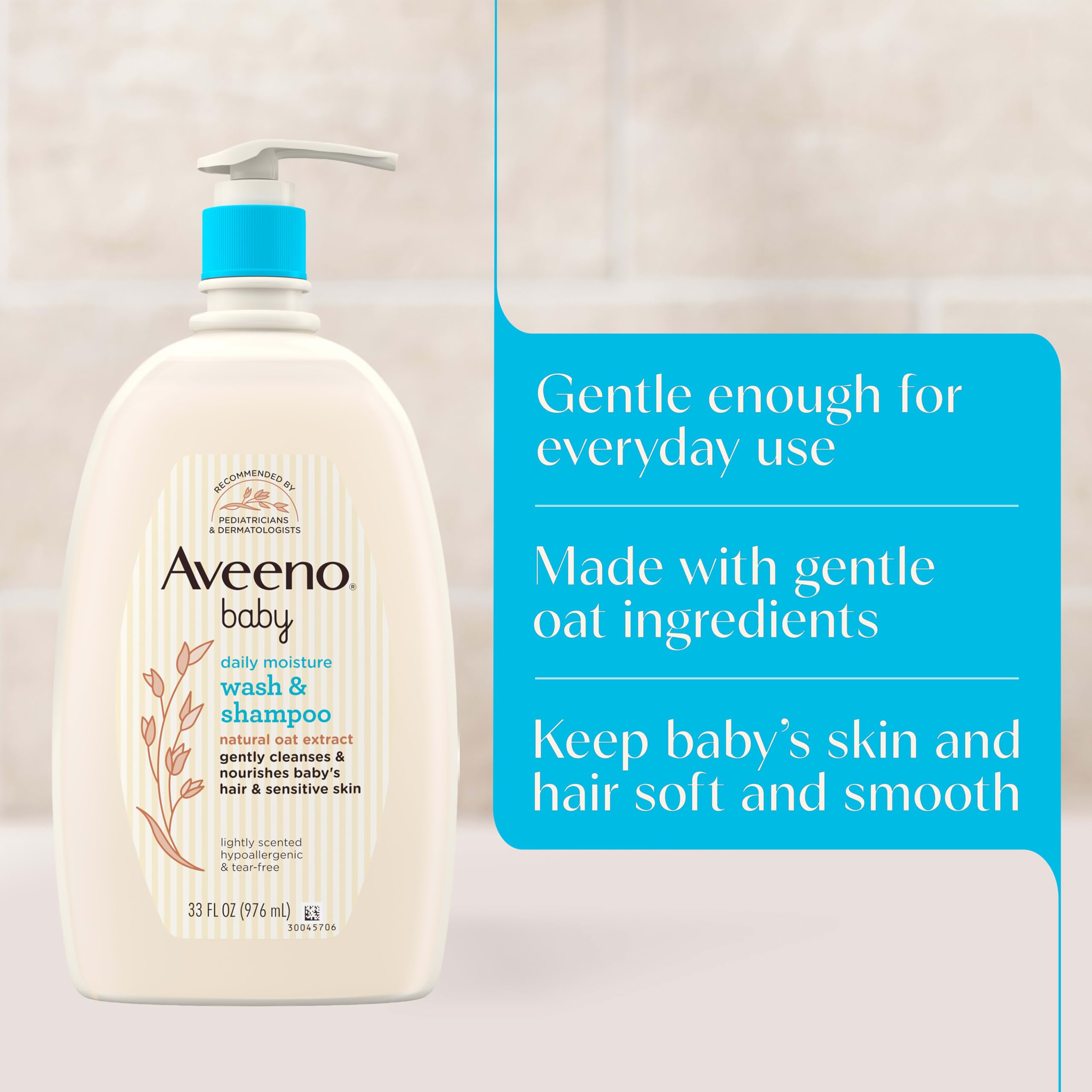 Aveeno Baby en uso durante baño, limpieza suave y confort