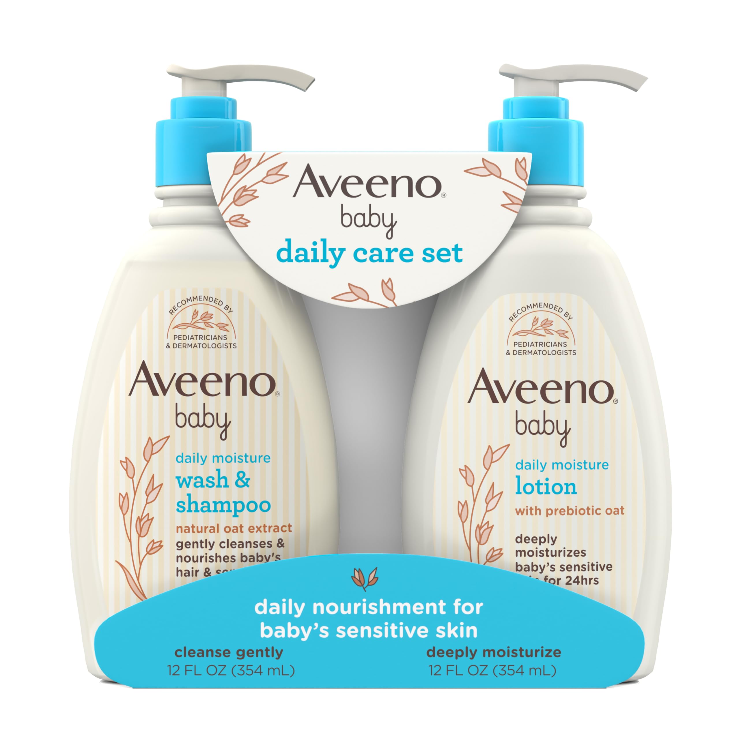 Aveeno Baby frente del pack con dos botellas, práctico para regalo