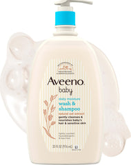 Aveeno Baby botella frontal 33 fl oz mostrando tamaño y practicidad