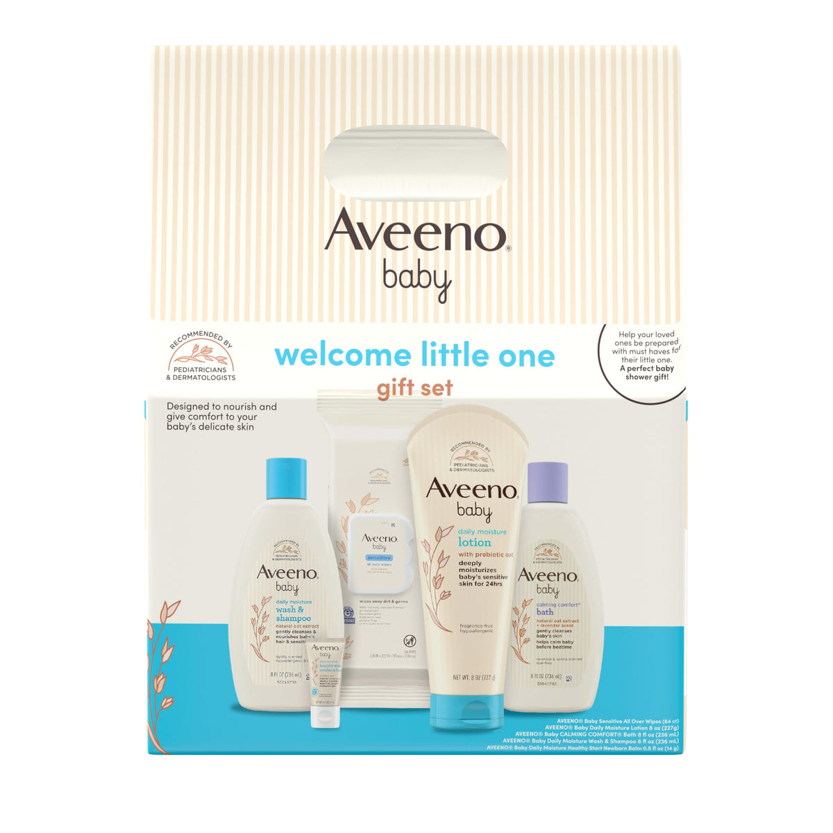 Aveeno Baby frontal packaging mostrando las cinco piezas para regalo y confianza