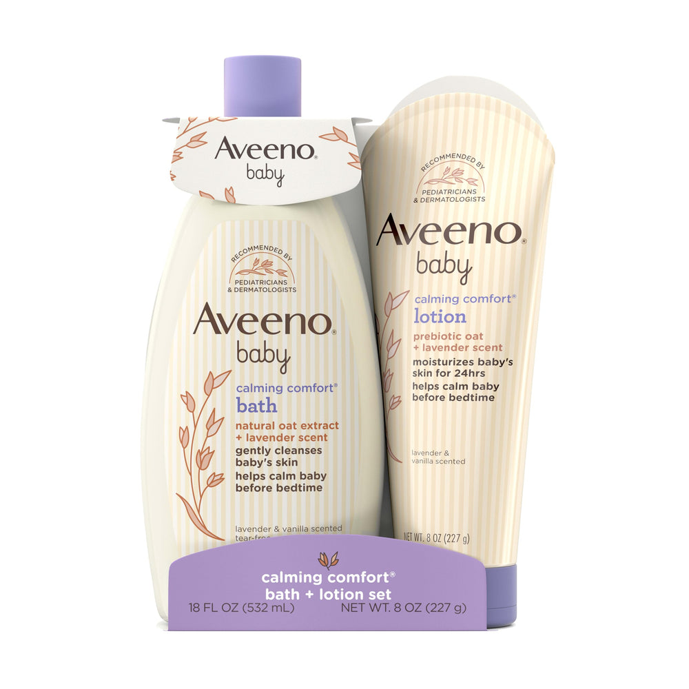 Aveeno Baby vista frontal del embalaje mostrando el set y beneficios