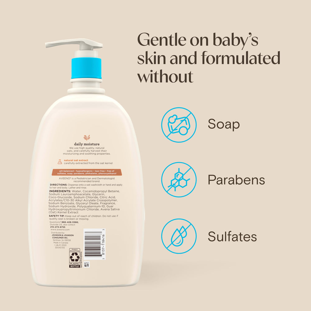 Aveeno Baby lateral del envase que destaca información y sello