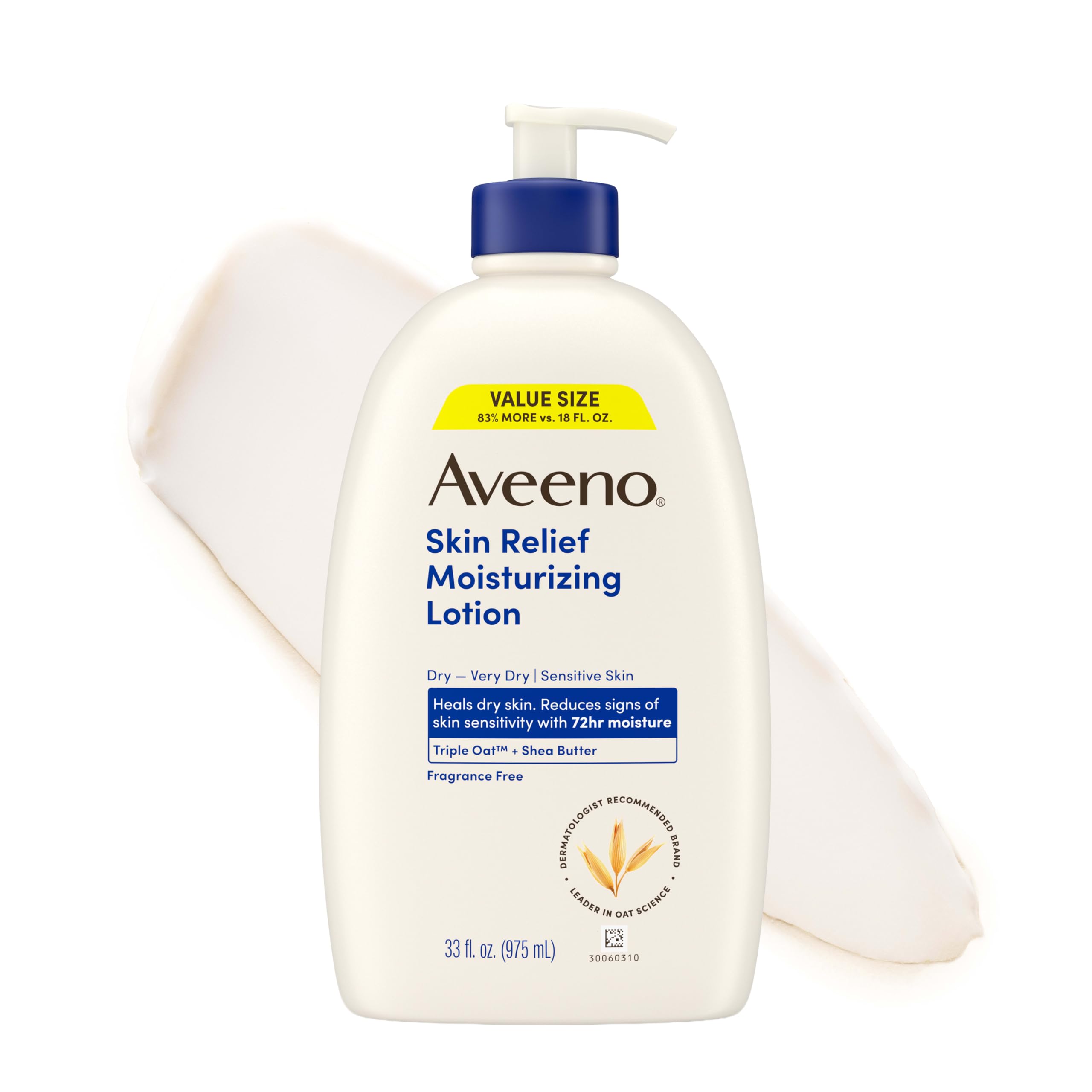 Aveeno frasco frontal 33 fl oz mostrando marca y tamaño, hidratación prolongada