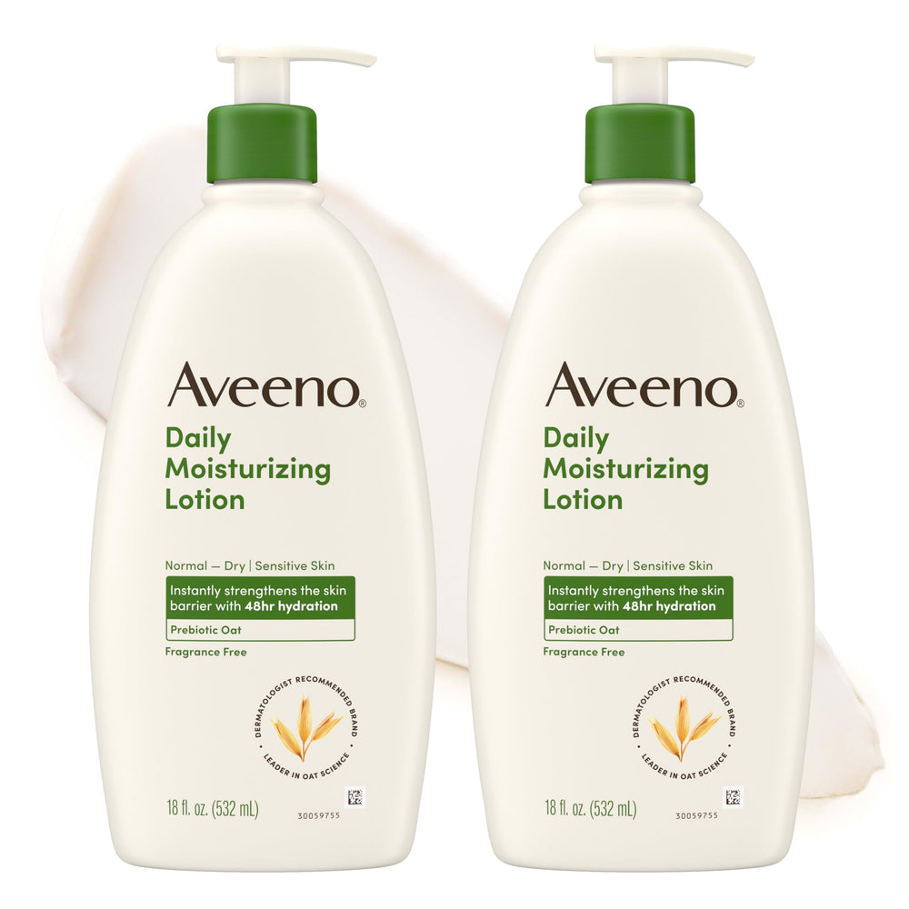 Aveeno envase frontal 18 oz mostrando su fórmula sin fragancia y beneficio hidratante