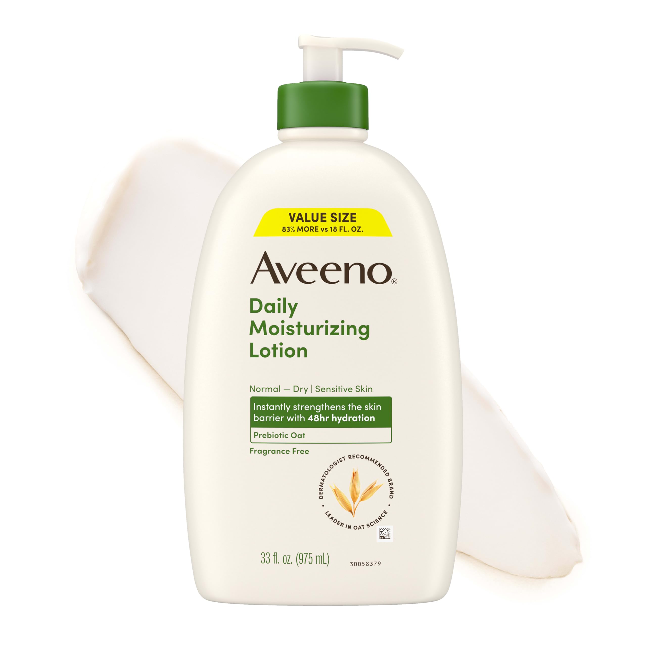 Envase Aveeno 33 oz mostrando etiqueta frontal y beneficio hidratación duradera