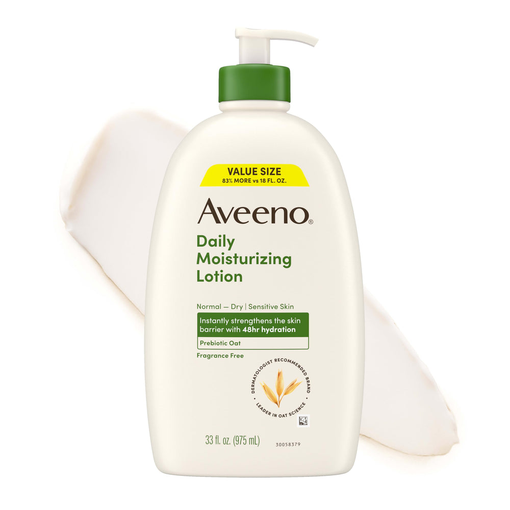 Envase Aveeno 33 oz mostrando etiqueta frontal y beneficio hidratación duradera