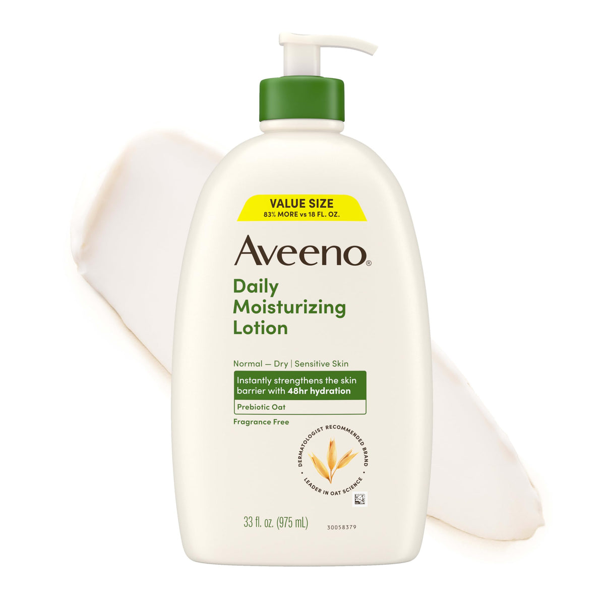 Envase Aveeno 33 oz mostrando etiqueta frontal y beneficio hidratación duradera