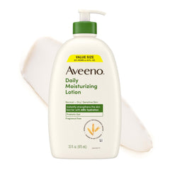 Envase Aveeno 33 oz mostrando etiqueta frontal y beneficio hidratación duradera