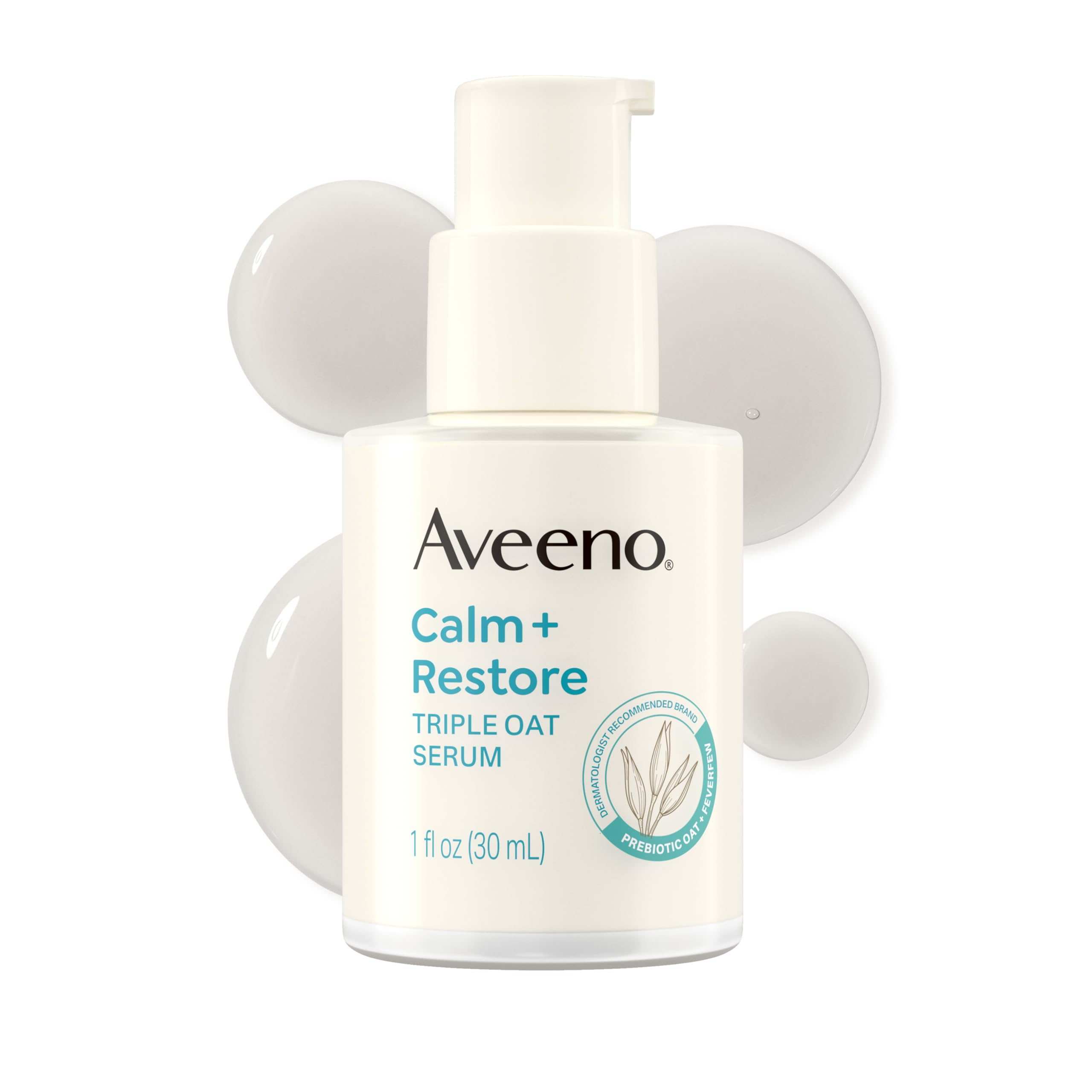 Aveeno frasco frontal del suero mostrando diseño y tamaño, calma inmediata