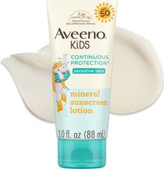 Aveeno botella frontal mostrando SPF 50 y beneficio de alta protección