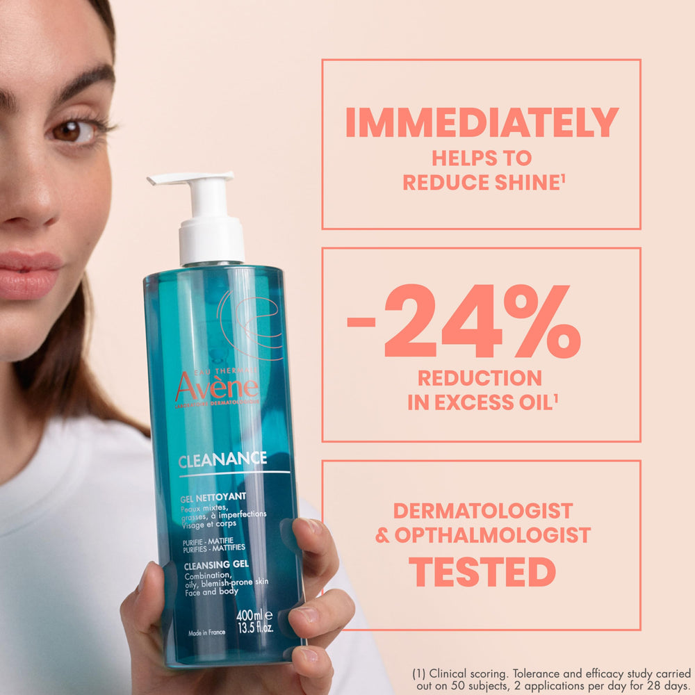Avène Cleanance gel uso en torso demostrando control del exceso de sebo