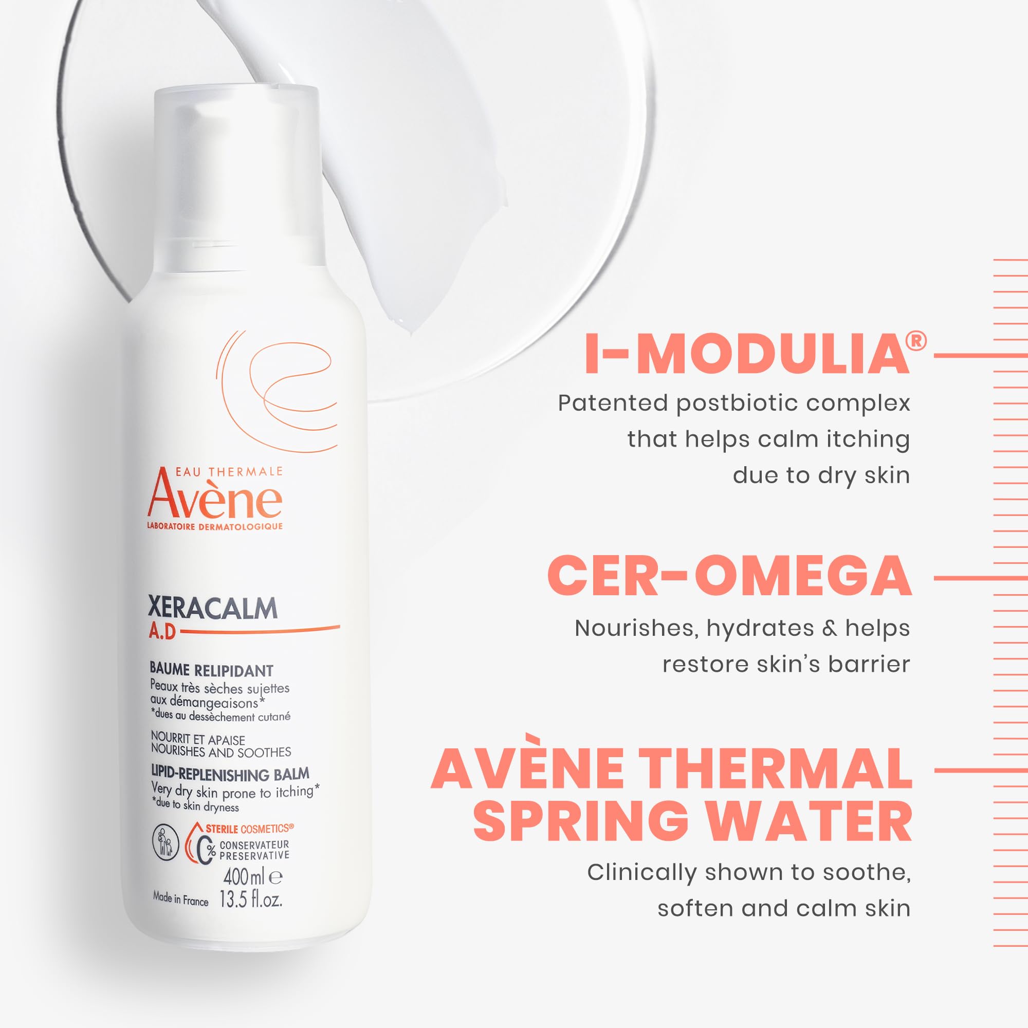 Avène XeraCalm A.D comparado con mano para apreciar tamaño del producto