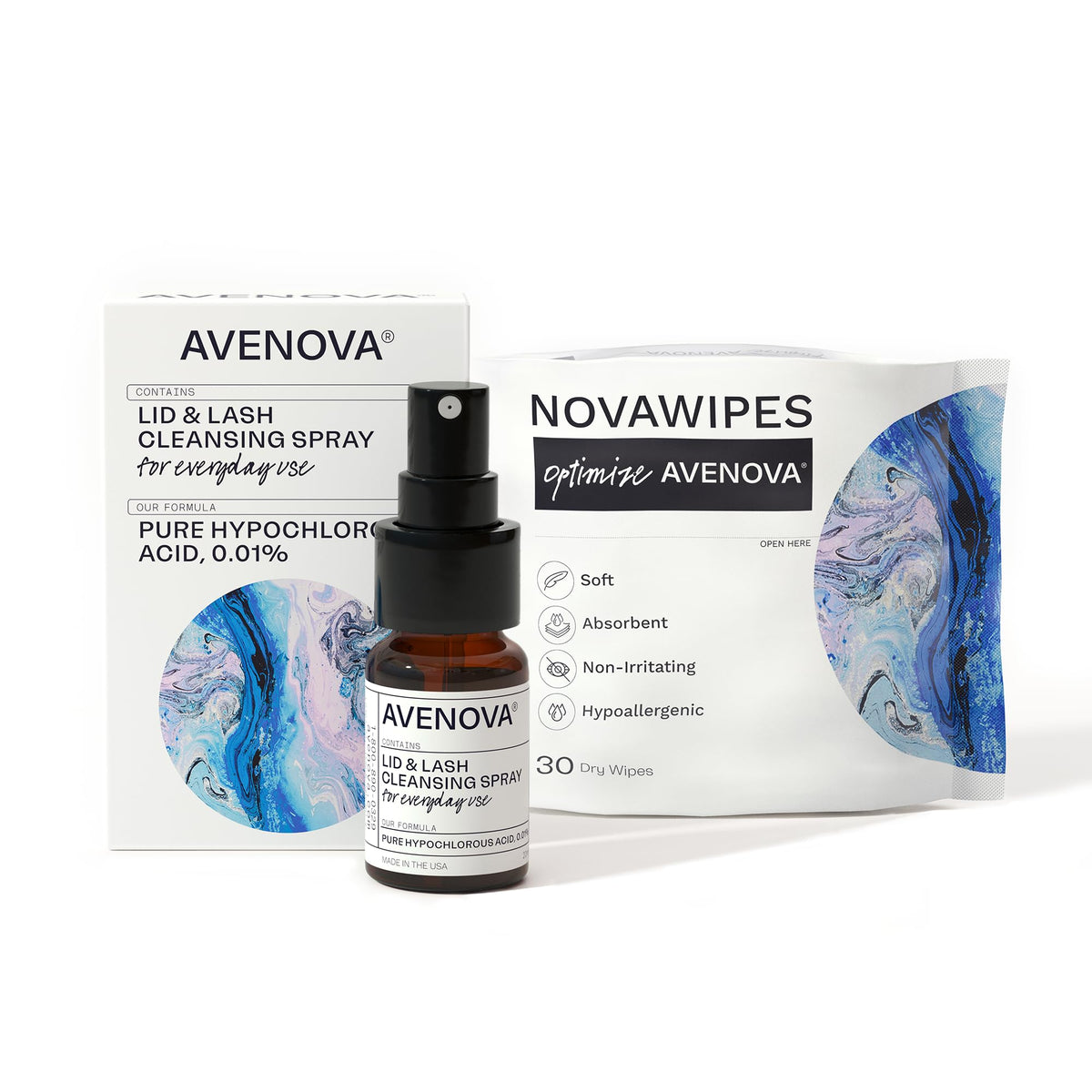 Avenova envase frontal mostrando spray y toallitas, limpieza portátil segura