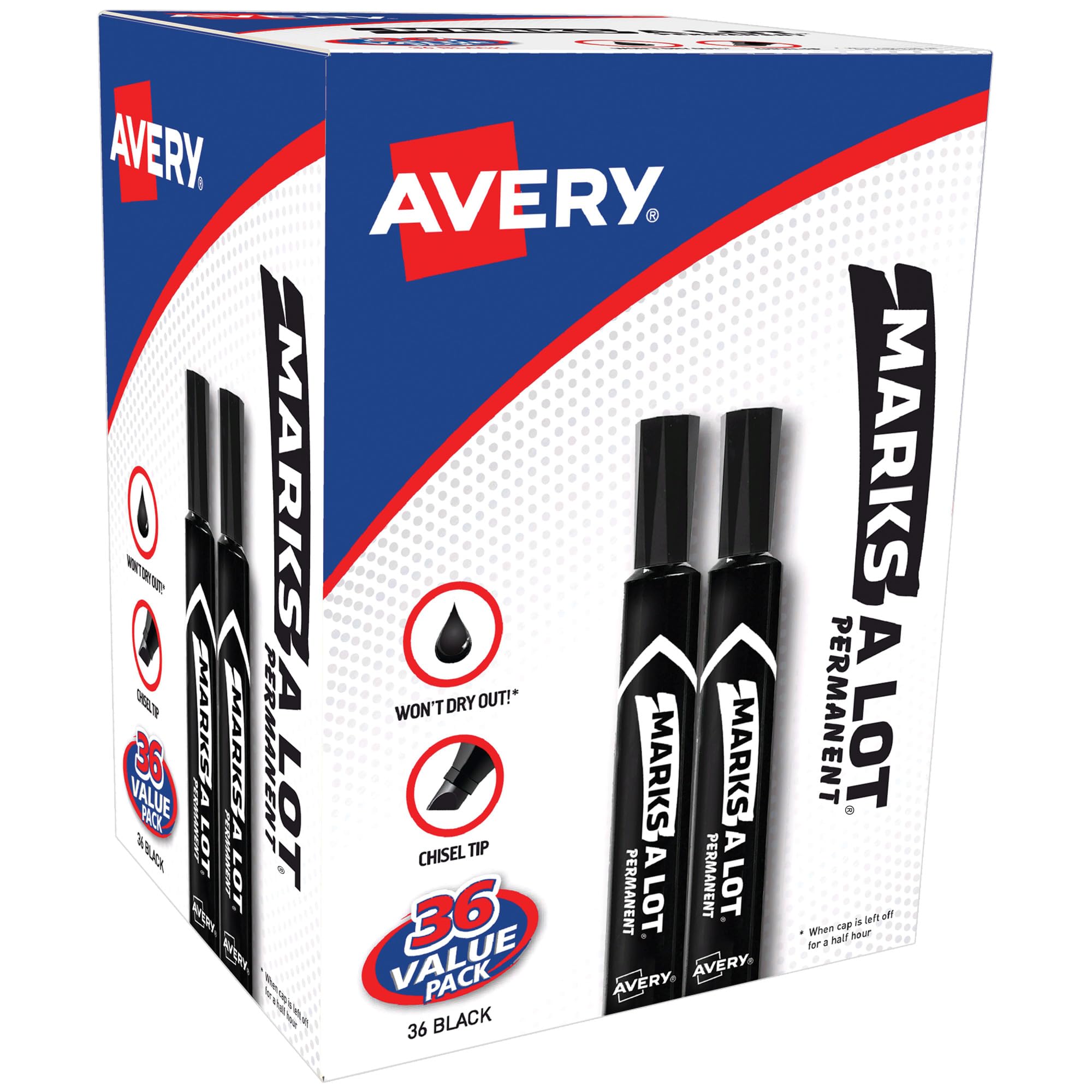 Avery markers front view showing full 36-pack and bold black ink benefits