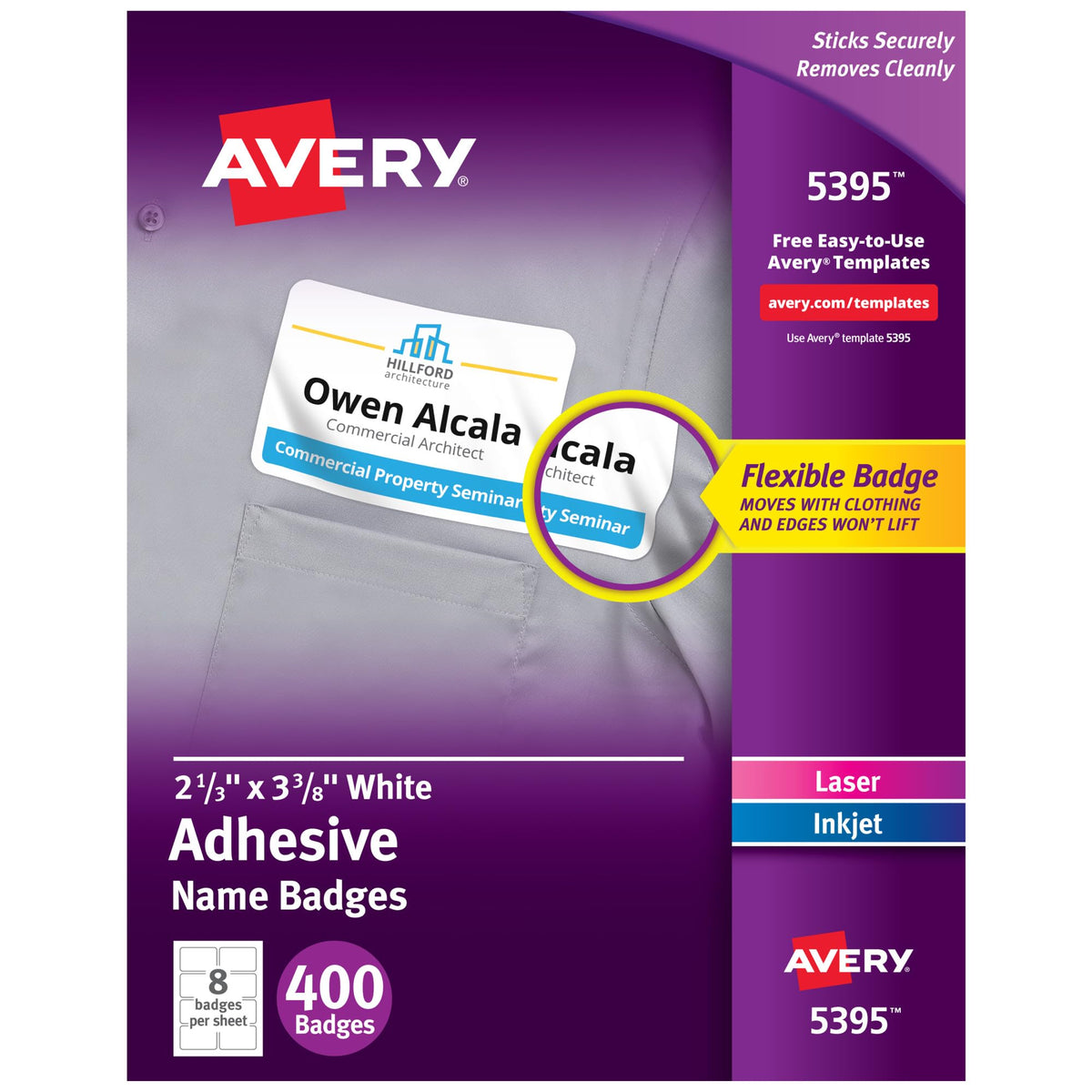 Avery etiqueta frontal del paquete 5395 mostrando cantidad y beneficio práctico