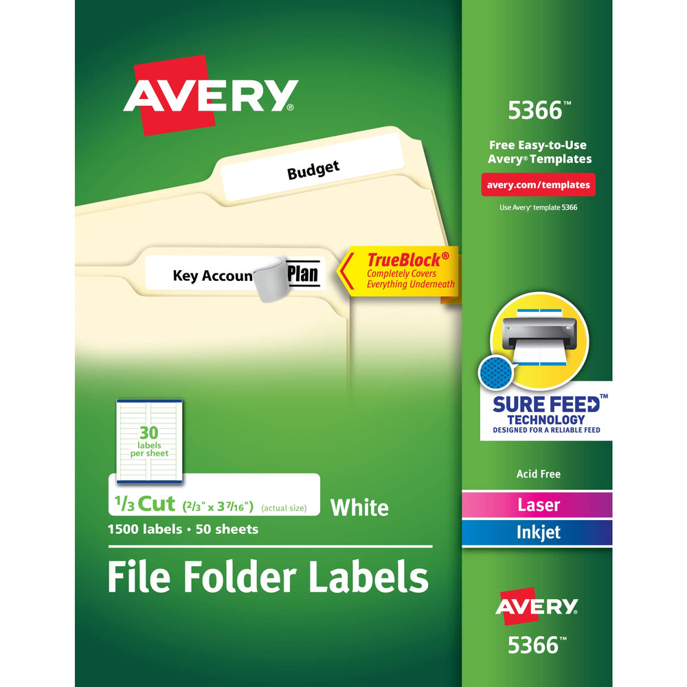 Avery paquete frontal con 50 hojas y 1.500 etiquetas, visibilidad inmediata