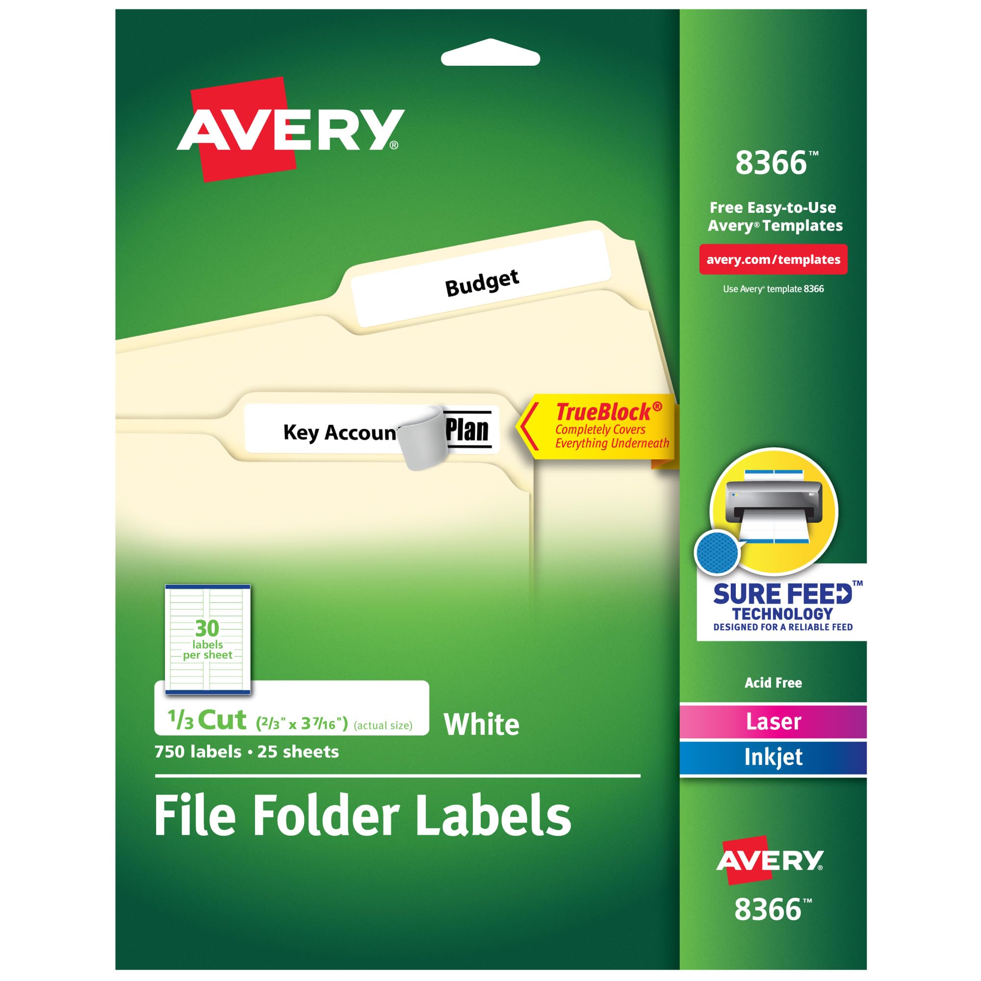 Avery paquete frontal mostrando 750 etiquetas y beneficio de ahorro