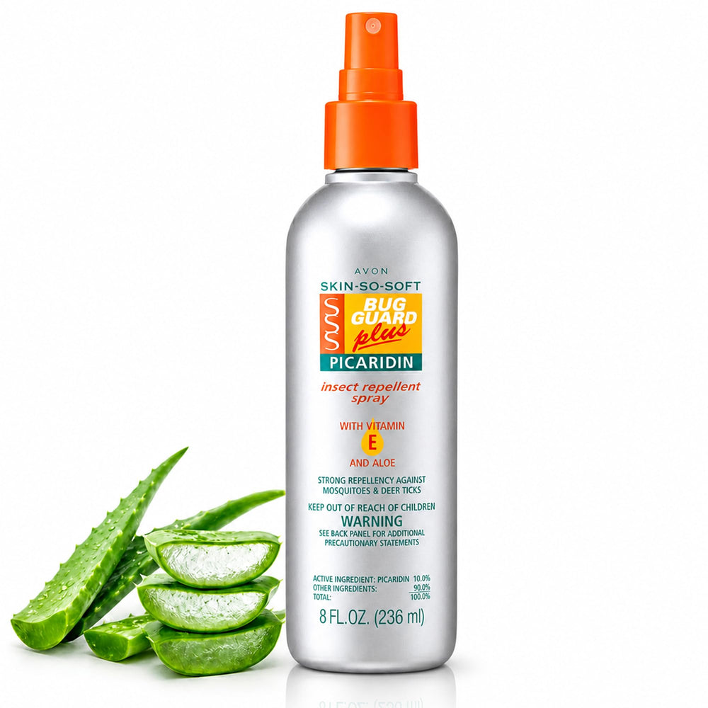 AVON botella frontal del repelente picaridin, muestra tamaño 8 oz y diseño