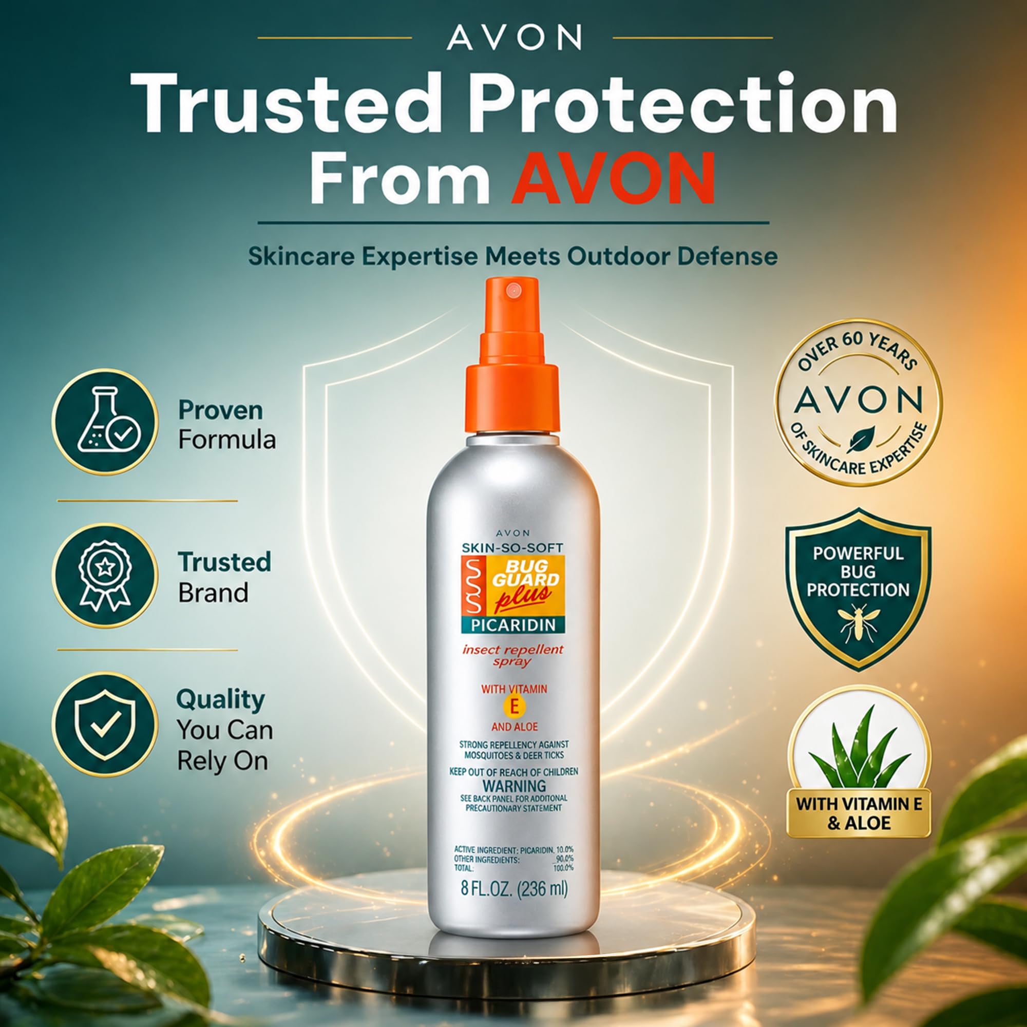 AVON primer plano de la composición con aloe y vitamina E para cuidado cutáneo