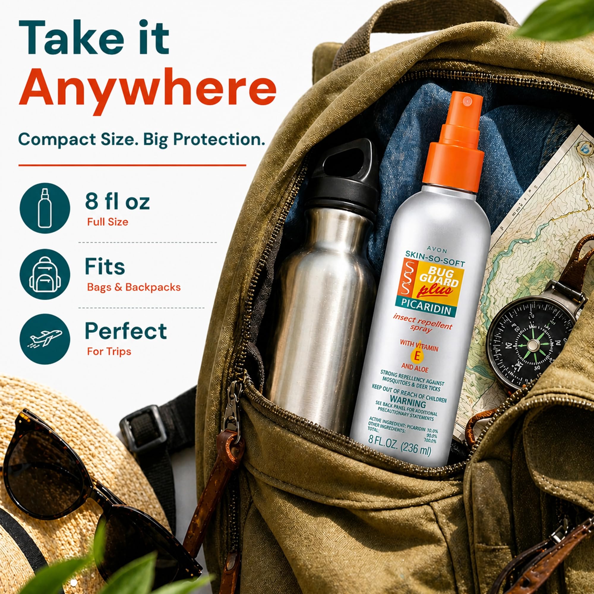 AVON spray sobre mochila en campamento, ideal para senderismo y viajes