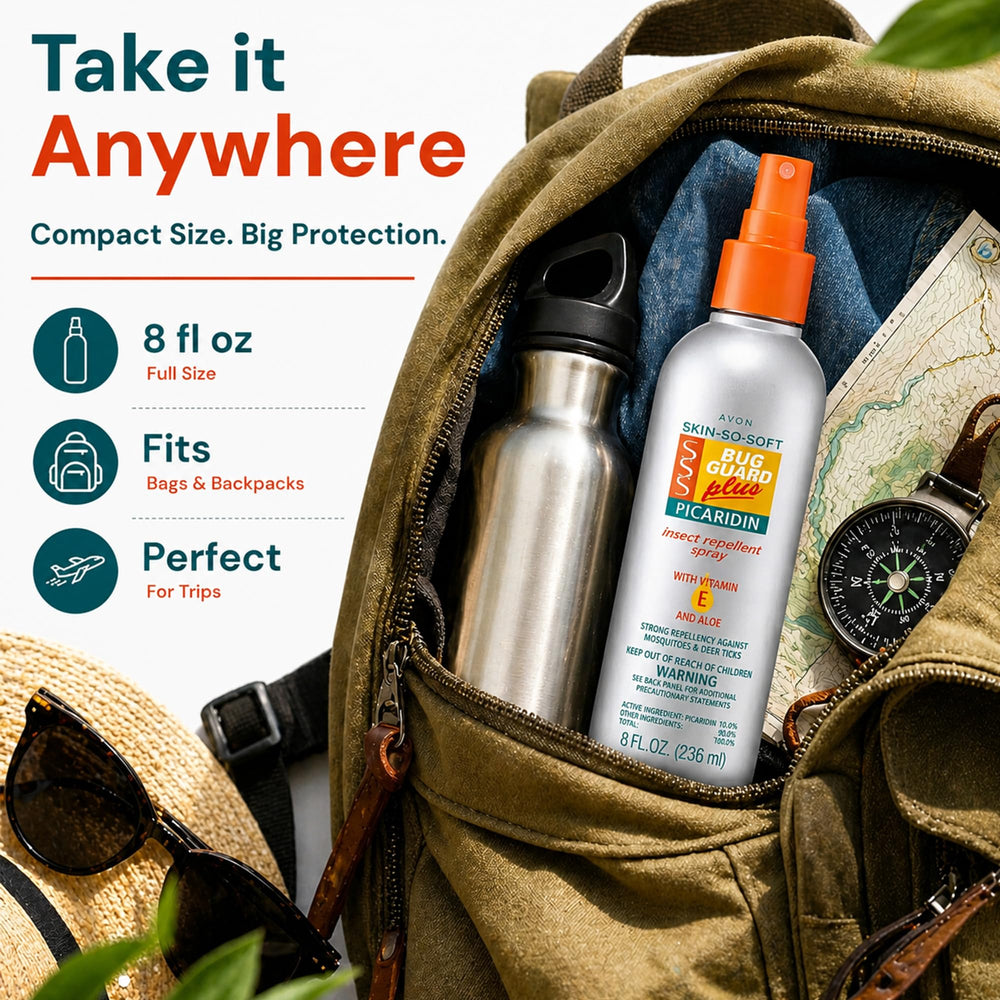 AVON spray sobre mochila en campamento, ideal para senderismo y viajes