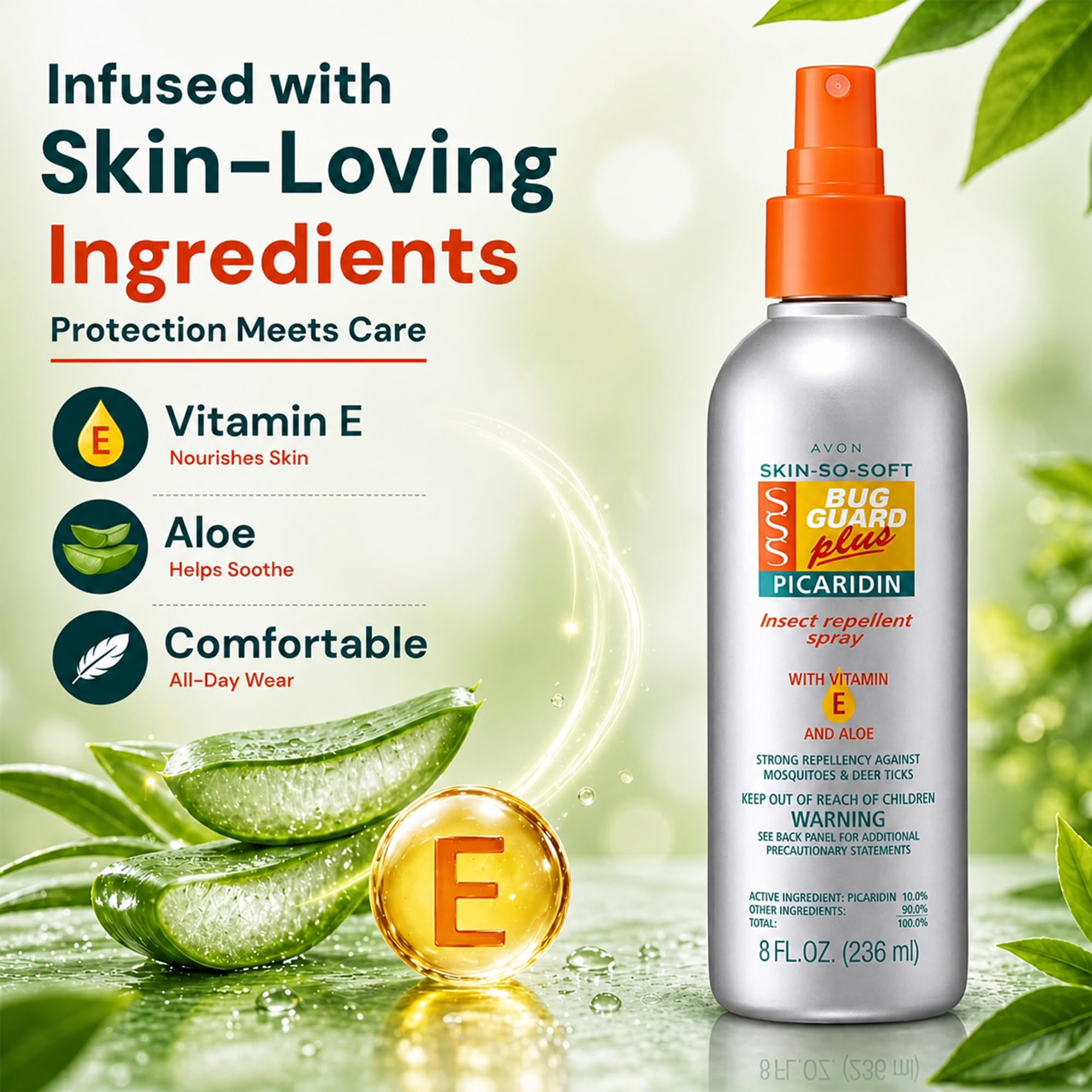 AVON etiqueta con ingredientes: picaridin, aloe y vitamina E para piel más suave