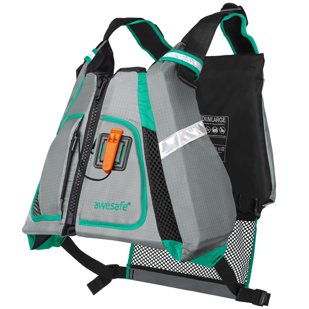 AWESAFE chaleco frontal y empaque mostrando ajuste y diseño cómodo