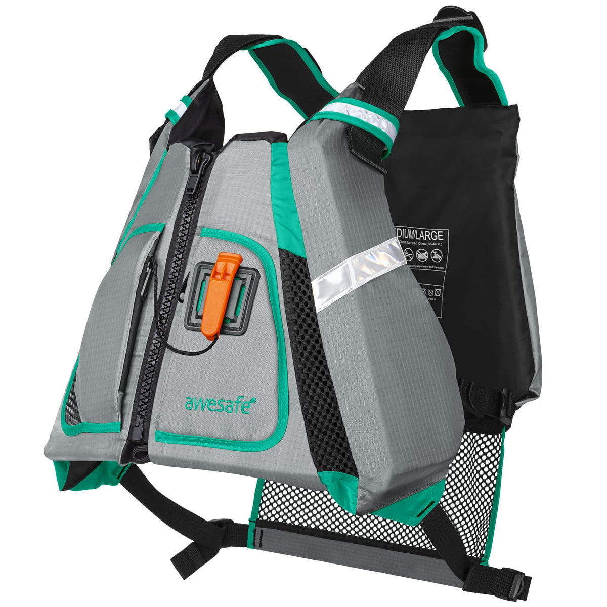 AWESAFE chaleco frontal y empaque mostrando ajuste y diseño cómodo