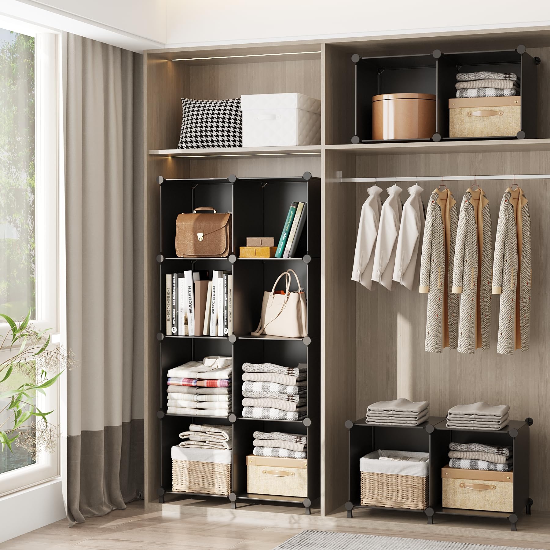 AWTATOS estantería en dormitorio mostrando organización práctica y fácil acceso