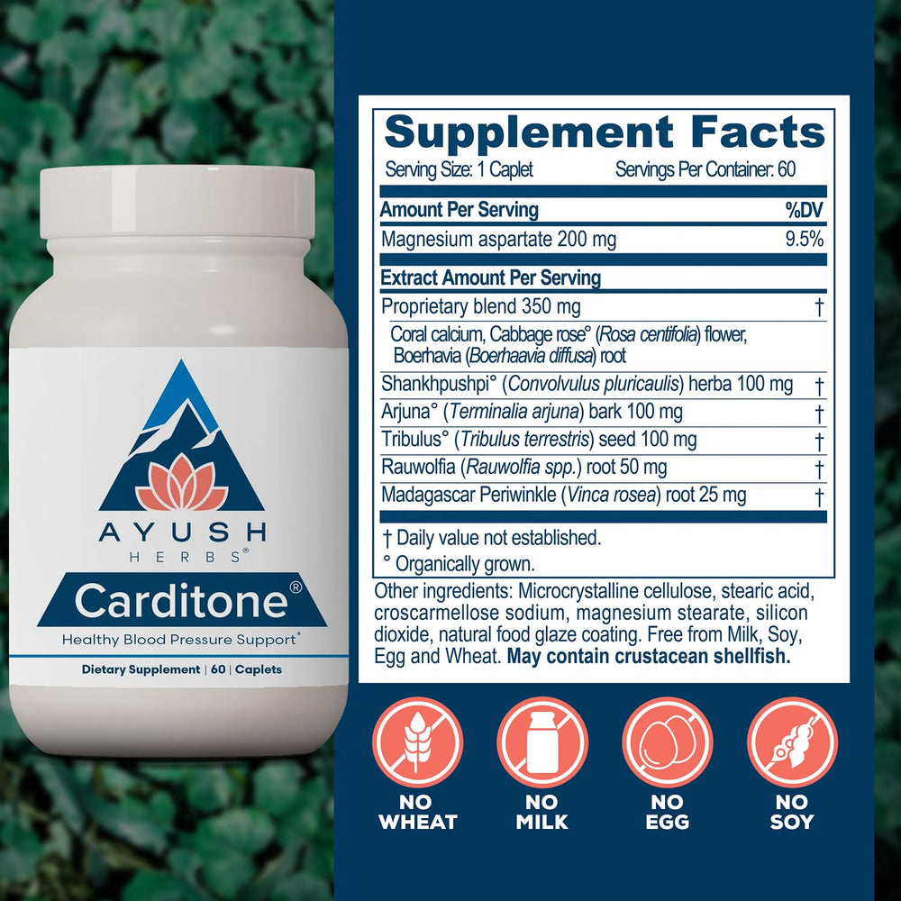Ayush Herbs Carditone ingredientes Arjuna y hierbas, destacando aporte tradicional ayurvédico