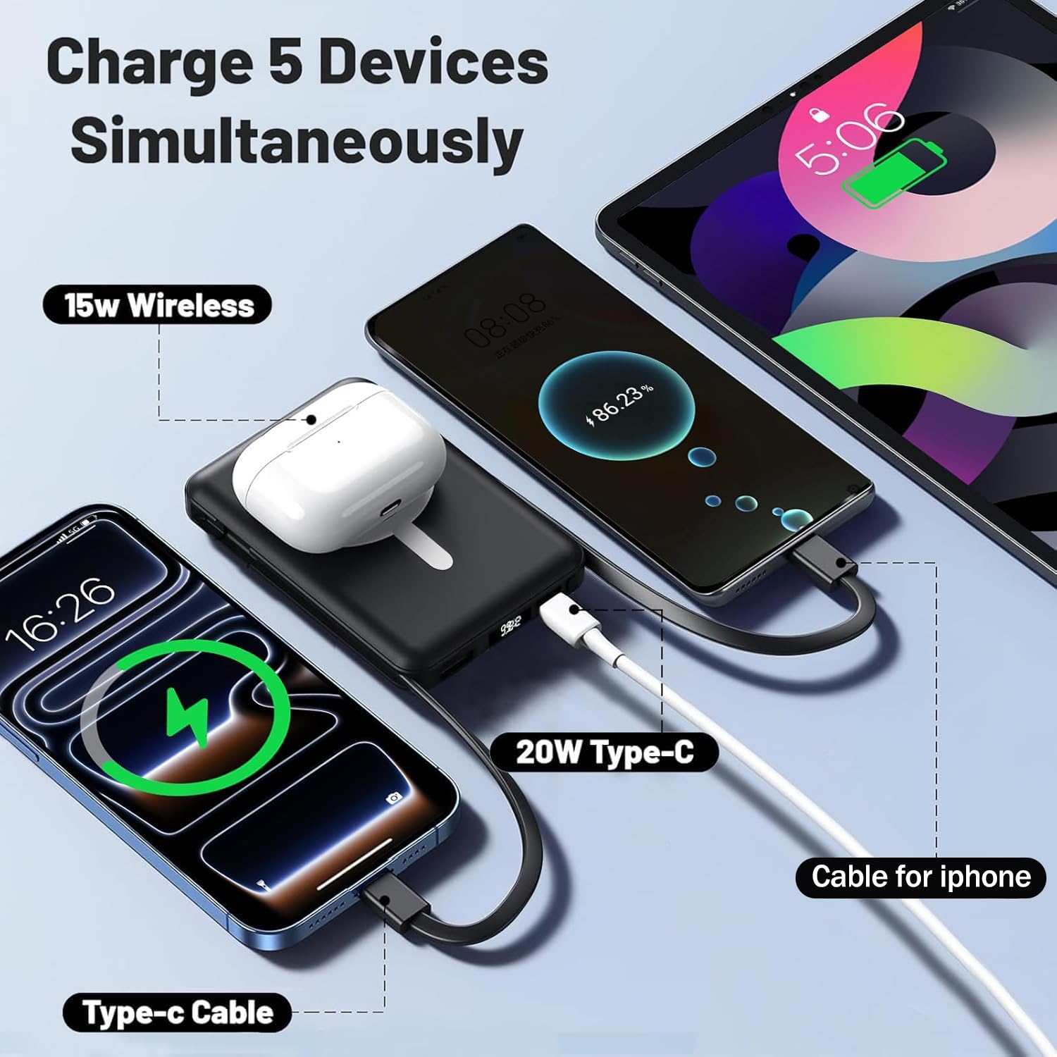 Azmuth en uso con iPhone sujetado magnéticamente para carga sin cables