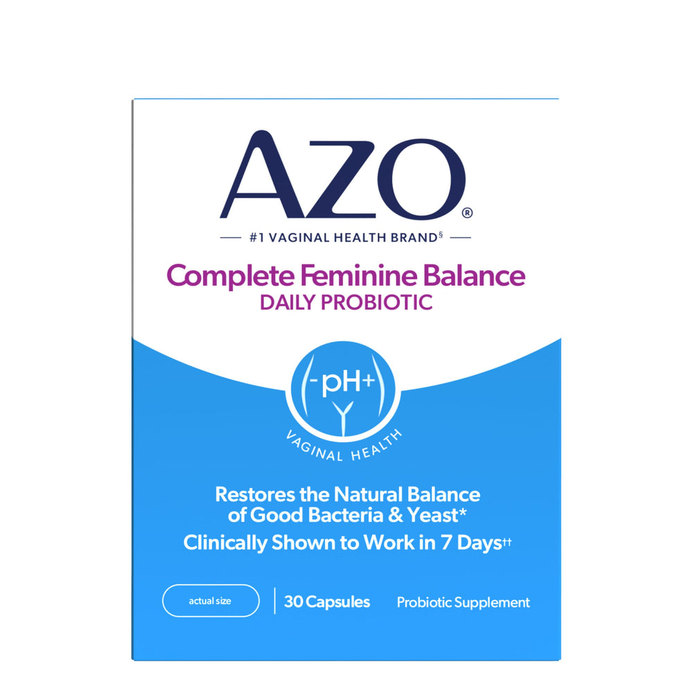 AZO front packaging shot showing bottle and branding with clear benefit