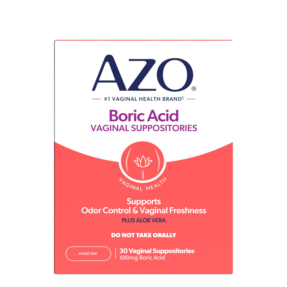 AZO empaque frontal mostrando 30 supositorios y frescura íntima