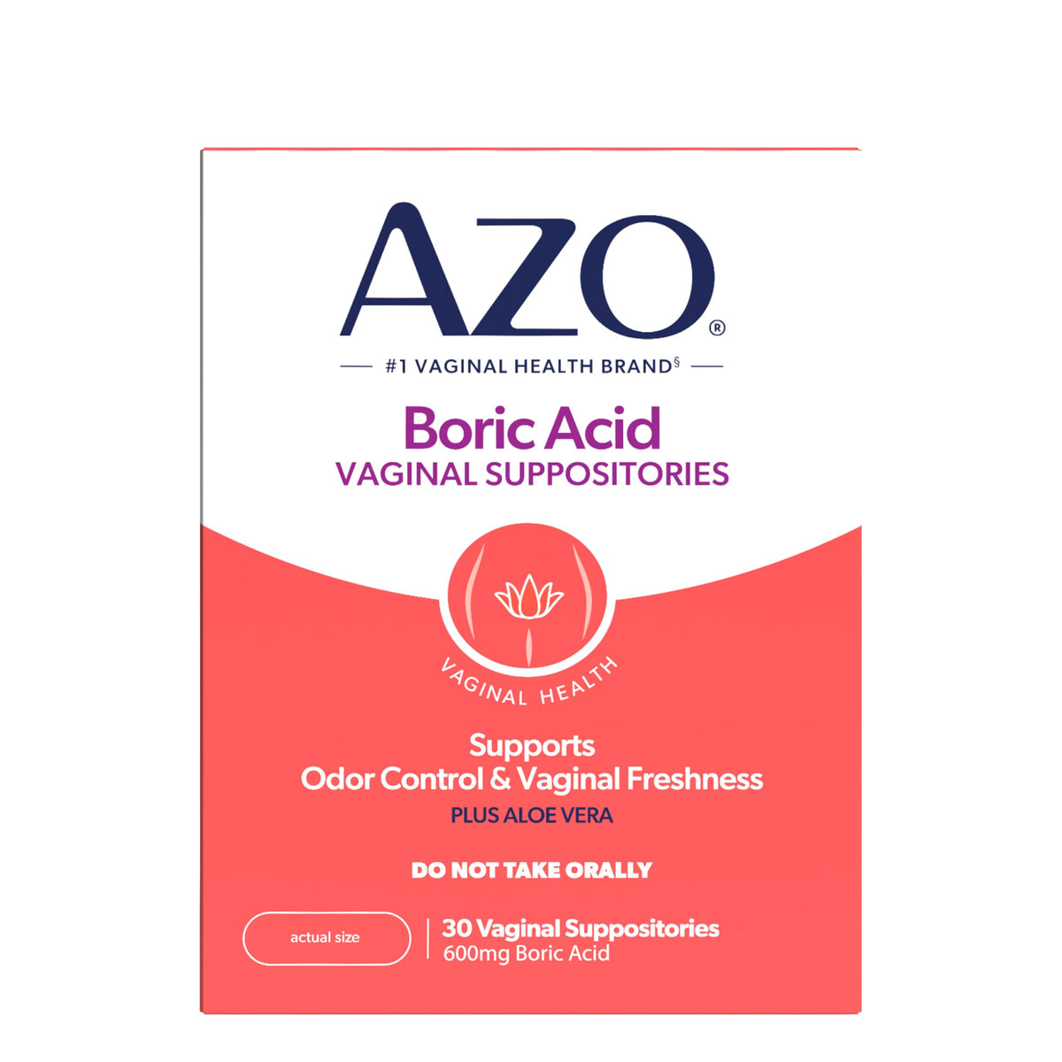 AZO empaque frontal mostrando 30 supositorios y frescura íntima