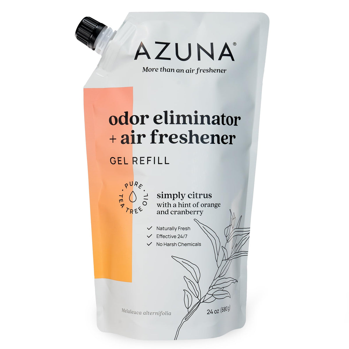 Azuna pouch frontal 24oz mostrando recipiente y beneficio neutralizar olores