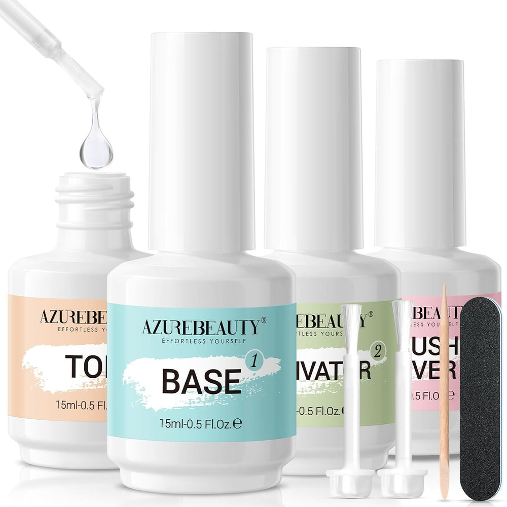 AzureBeauty vista frontal del kit con base top activador y accesorios beneficio comodidad