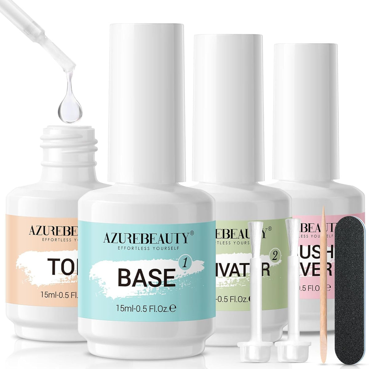 AzureBeauty vista frontal del kit con base top activador y accesorios beneficio comodidad