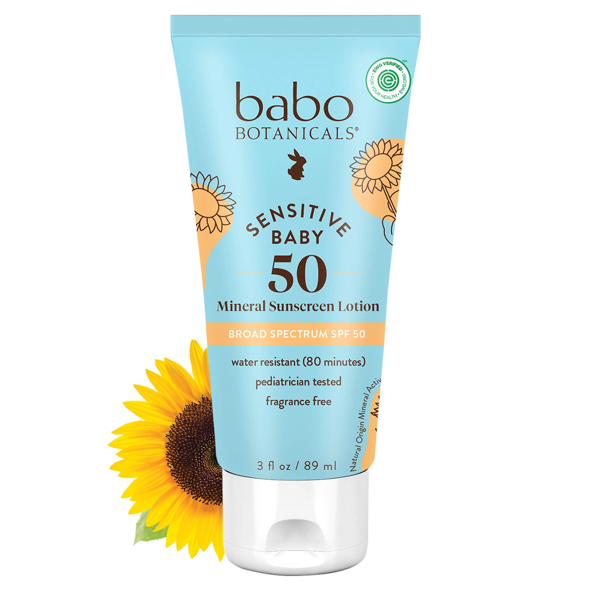Babo Botanicals frente del empaque mostrando SPF50 y uso para bebés, protección clara