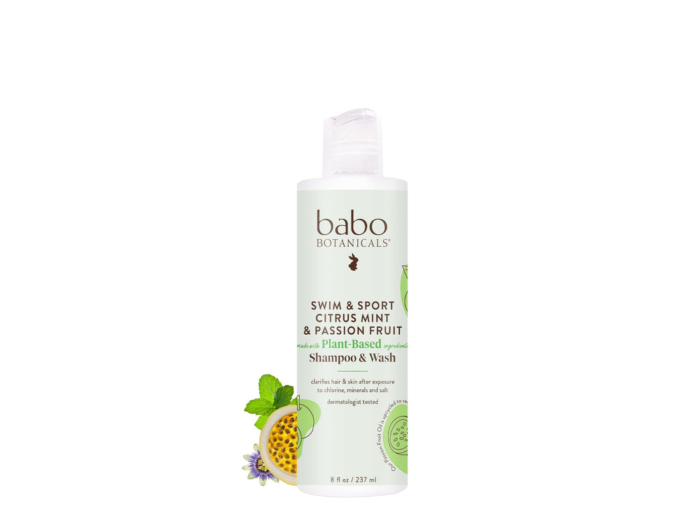 Babo Botanicals envase frontal Swim & Sport mostrando etiqueta y beneficio purificante