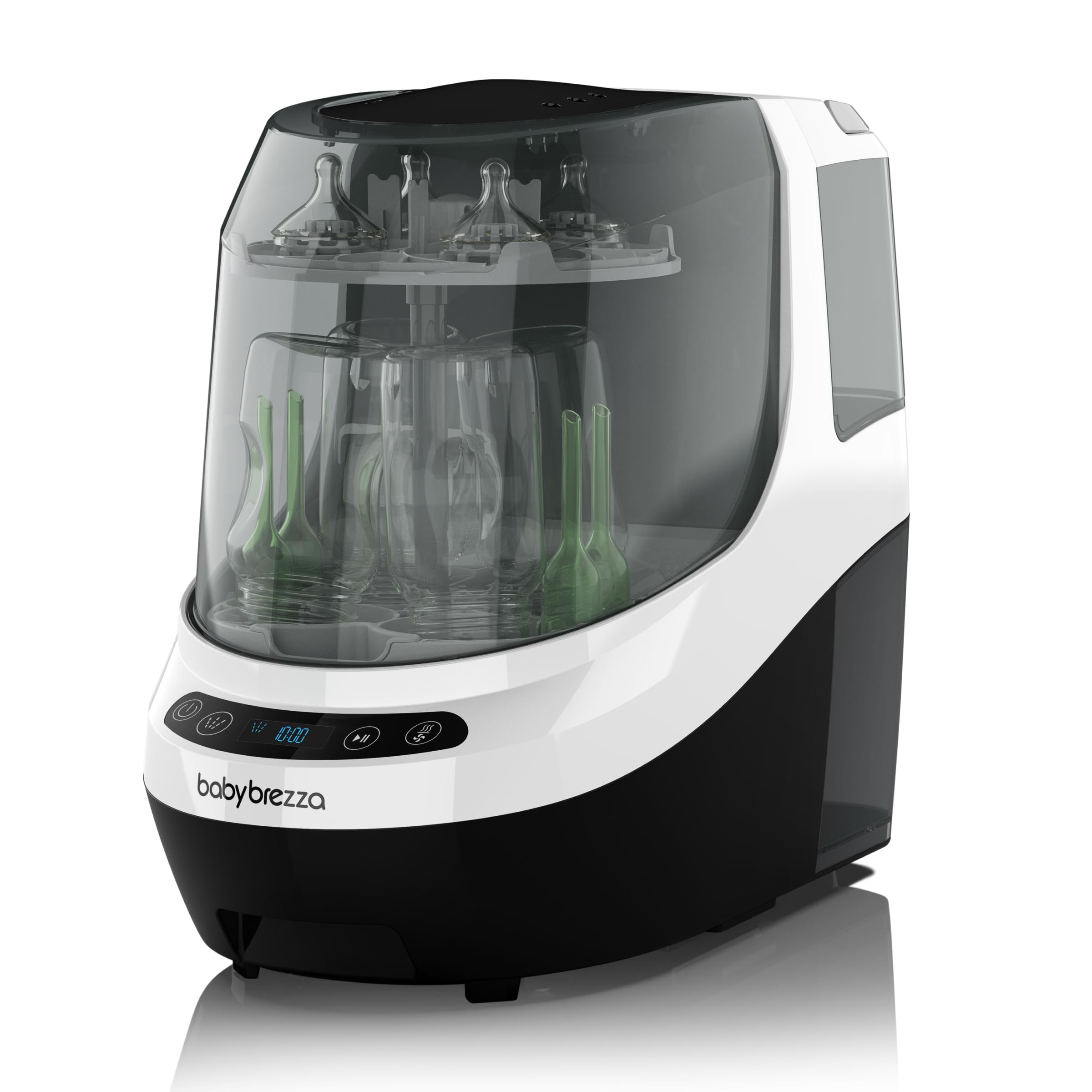 Baby Brezza vista frontal con tapa transparente que muestra la limpieza eficiente